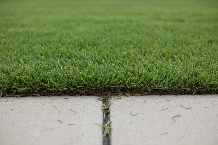 Close view of a crisp edge line where mown turf meets a concrete walkway