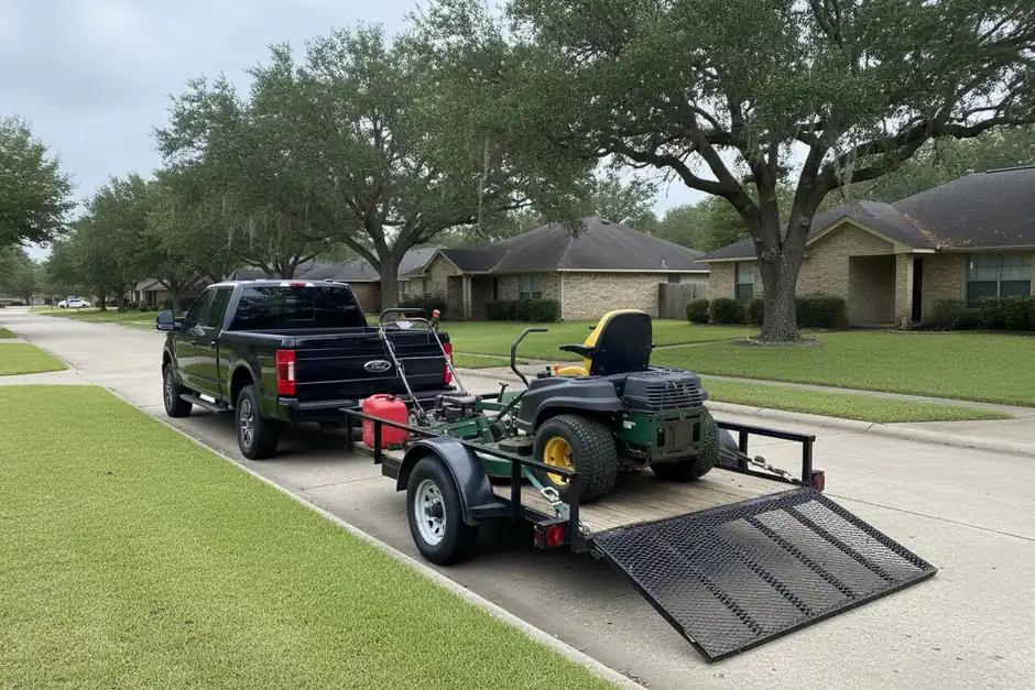 Black pickup at the curb hitched to a loaded trailer holding a green and yellow zero-turn riding mower, a push mower, and a gas can