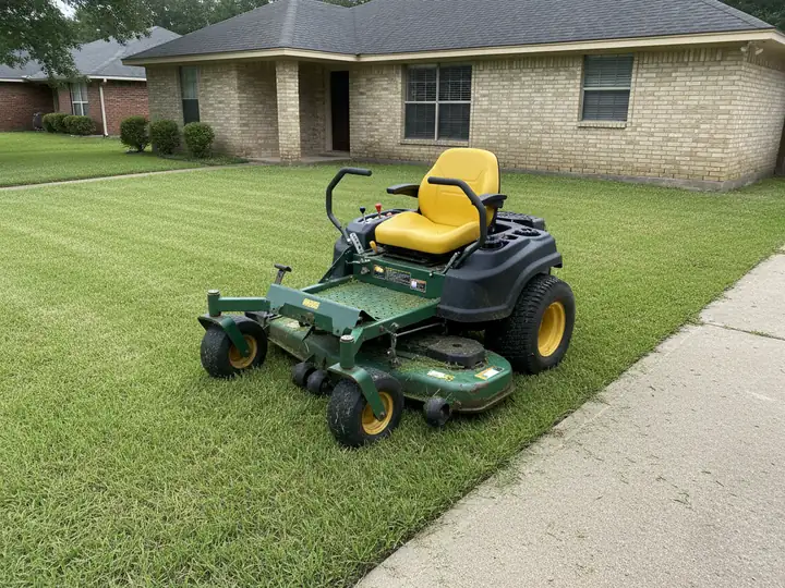 Green and yellow zero-turn riding mower parked on a freshly mowed St. Augustine lawn beside a concrete walkway